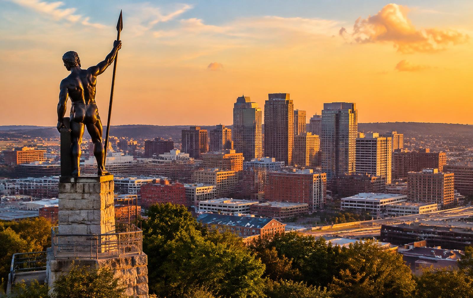 The Birmingham skyline at golden hour, seen from Vulcan Park